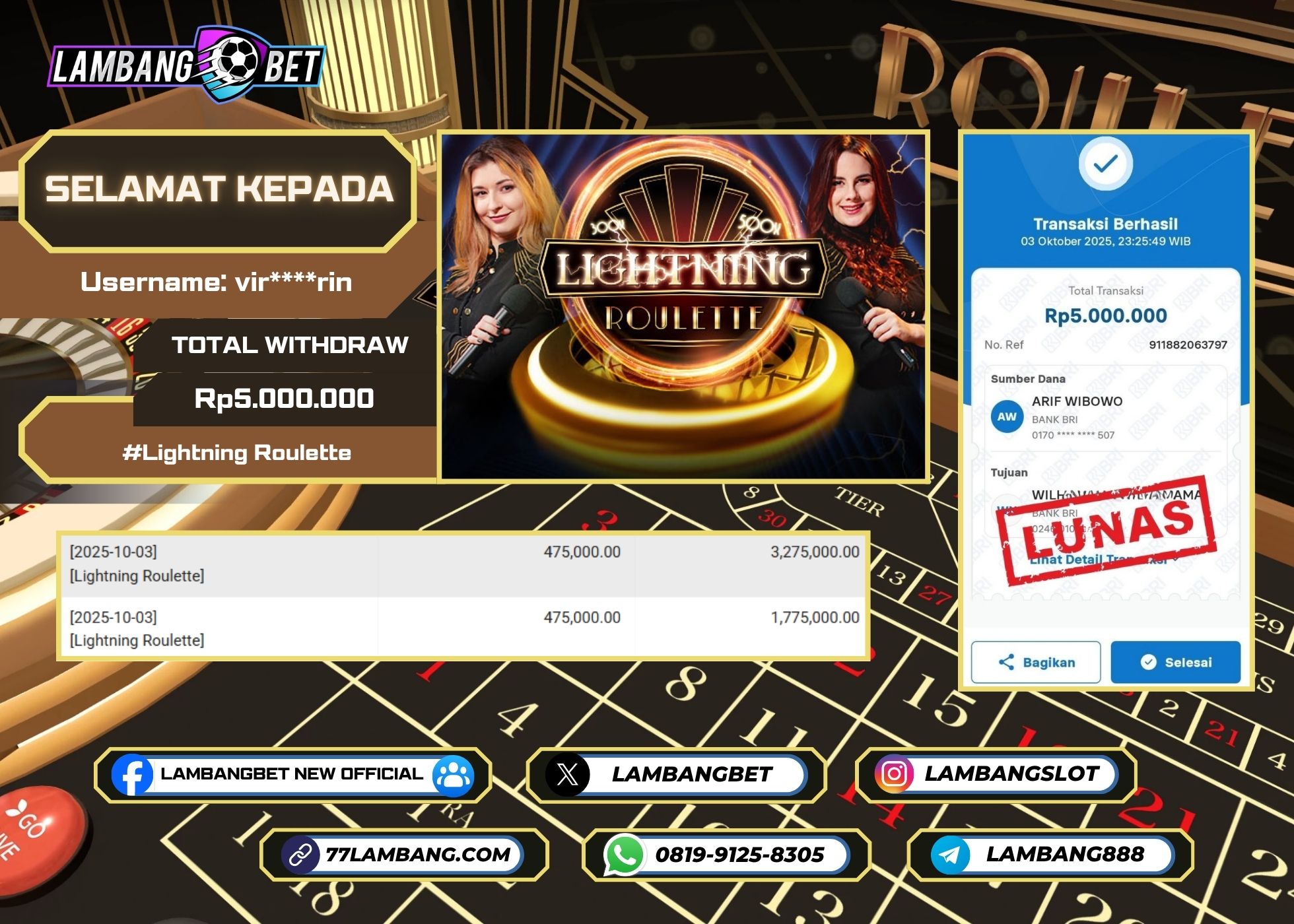 LAMBANGBET [3 OKTOBER 2025] JACKPOT LIVE CASINO Lightning Roulette "Rp5.000.000" LUNAS